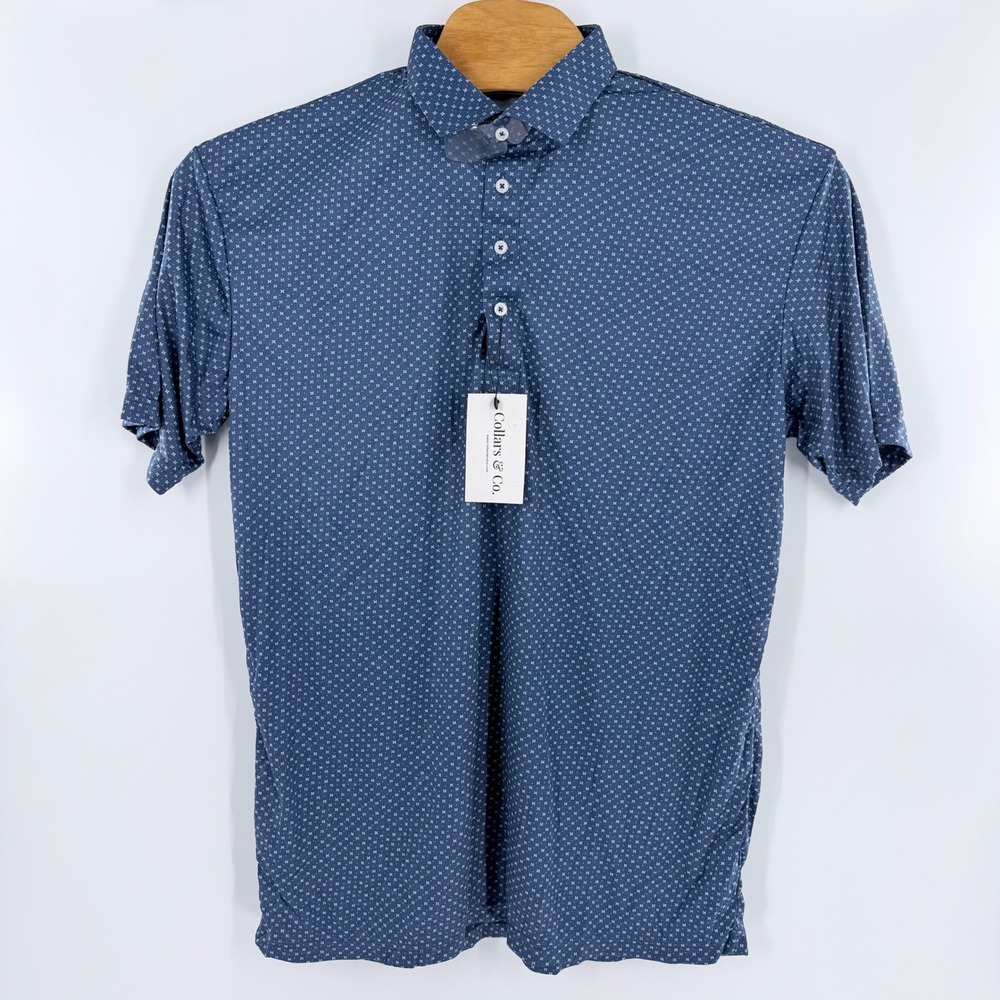 Collars & Co Mens Polo Shirt‎ 2XL Blue Geometric Short Sleeve Dress Collar NWT